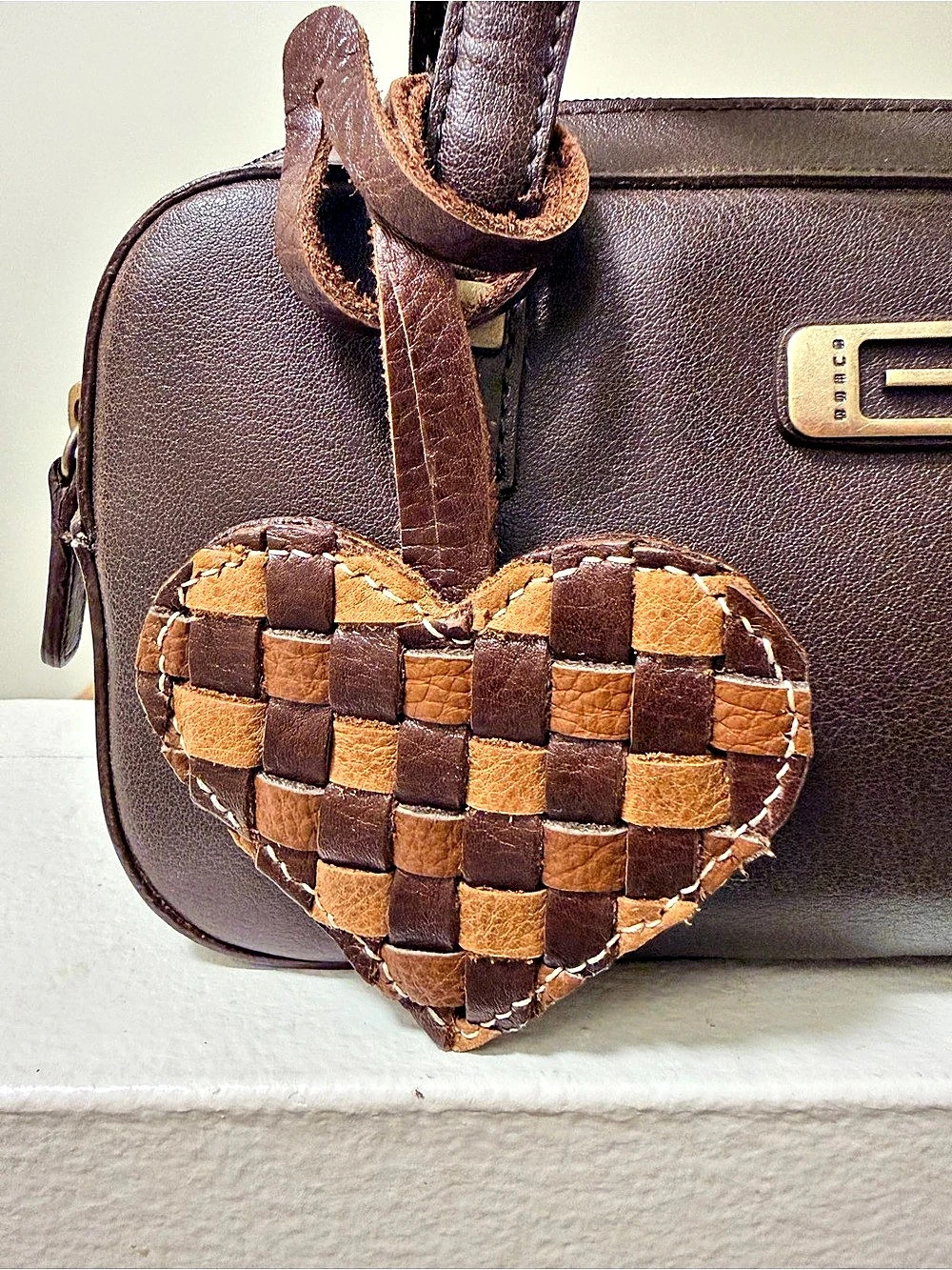 Recycled Leather Woven Heart Bag Charm